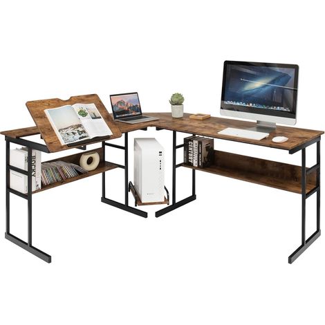 COSTWAY Scrivania Angolare 170 CM, Scrivania per Computer ad Angolo Moderna con Piano Inclinabile, Scaffale Inferiore e Supporto per CPU, Scrivania a Forma di L per Ufficio e Studio (Marrone)