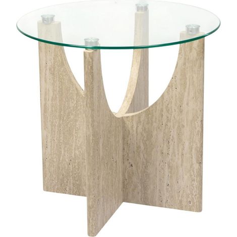 Table d'appoint Ø45cm plateau verre et piétement en MDF aspect travertin - VERTINA (1/5)