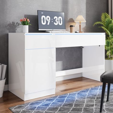 Scrivania 120x50 cm con illuminazione a LED, 2 cassetti e 1 anta, ampia superficie di lavoro, bianco lucido, in truciolato. (1/5)