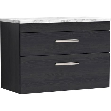 Nuie Athena Wall Hung 2-Drawer Vanity Unit with Carrera Marble Worktop 800mm Wide - Charcoal Black Woodgrain (1/4)