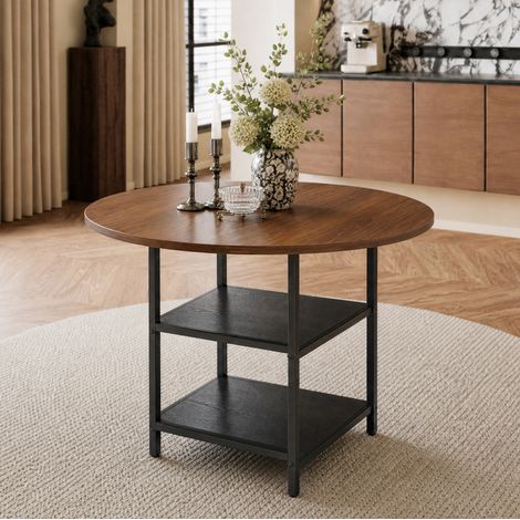 Tavolo da pranzo rotondo 107 cm con doppio ripiano, MDF e metallo, nero e noce DESVIAE (1/5)