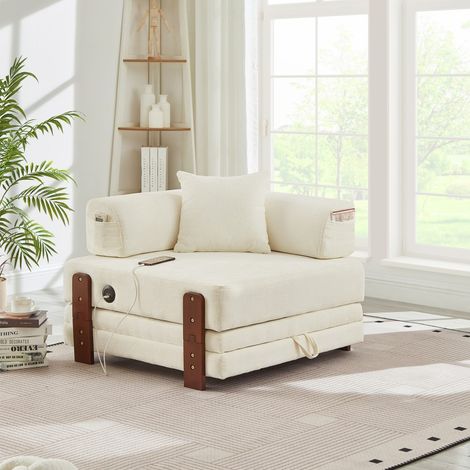 Fauteuil Convertible 2-en-1 - 84x170,5x48cm - Fauteuil Pliant avec Ports USB/Type-C, Coffre de Rangement et Coussin - Beige (1/5)