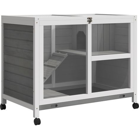 Cage à lapin sur roulettes, clapier 2 étages en bois massif gris, enclos avec toit ouvrant et plates-formes, 91,5 x 53,3 x 73 cm (1/5)