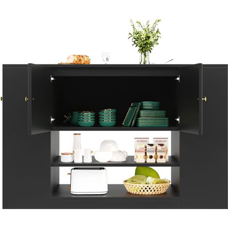 Carro de cocina con 2 puertas, cajones, estantes y encimera abatible, en MDF, para cocina y comedor, 140x40x90 cm, negro (1/5)