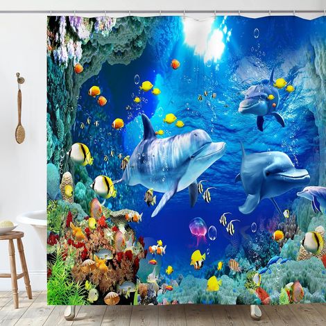 Rideau Douche Anti Moisissure 200x200 cm Dauphin Rideau de Douche Baignoire Tissu Imperméable Polyester Poisson Océan Bleu Rideaux Salle de Bain avec Anneaux Tissus Lavable Machine (1/5)