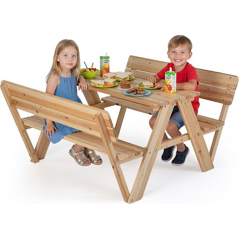 Costway – Table de pique-nique enfant en bois sapin massif – 2 bancs avec dossier – Charge 150kg – Pour 4 enfants de 3 ans et plus