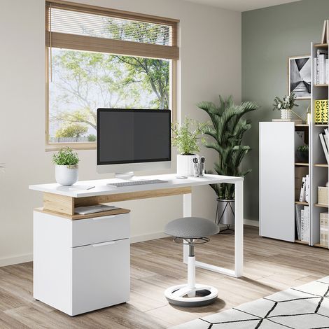 Armoire basse de bureau moderne blanc/chêne Hamalia (1/5)
