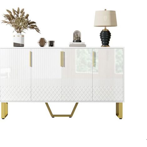 Buffet 140x40x80, rangement généreux 4 portes Buffet, finition brillante blanche, pieds métal, surface facile d'entretien (1/5)