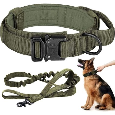 Collier Tactique - Laisse Élastique Réglable - Pour Chien Moyen Grand - Poignée De Contrôle - Boucle Métallique Double Fermeture - Vert - Taille L (1/4)