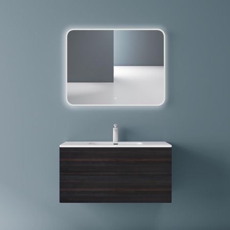 Mai & Mai Badmöbelset 90cm Dunkelgrau Paestum Waschbecken mit Unterschrank Waschtisch 2 Schubladen Badezimmer Waschbeckenunterschrank Badezimmermöbel mit LED-Badspiegel