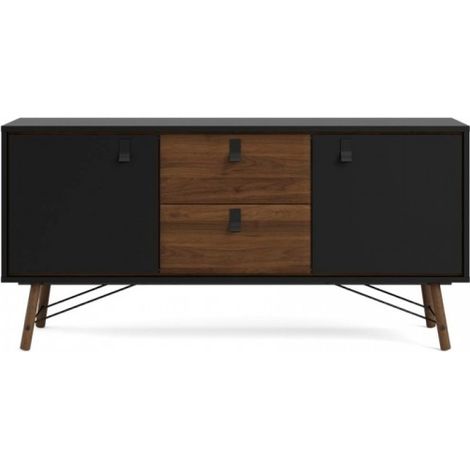 Abitare – Buffet salon noir mat et noyer 150 x 40 x 72 cm – 2 portes et 2 tiroirs – Panneaux composites en bois – Style contemporain (1/5)