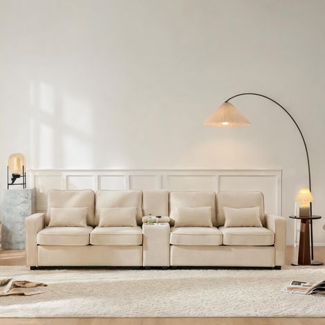 Canapé fixe 4-5 places en tissu beige avec ports USB (1/5)