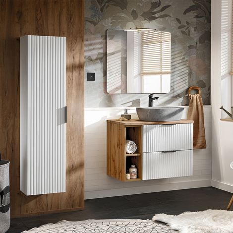 Conjunto mueble lavabo individual 80cm 2 nichos y columna Adriel Blanco y imitación piedra (1/4)