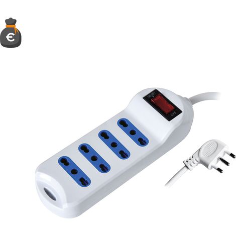 Multiprise Alcapower à 4 prises avec interrupteur lumineux, câble de 1,5 mètre, fiche coudée à 90° 10 A, blanche, 2500 W (1/3)