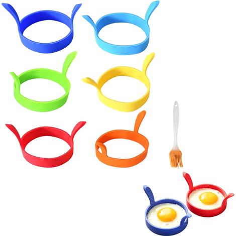 Set di 6 stampi rotondi per uova fritte, in silicone antiaderente, con manici resistenti al calore, ideale per cucinare uova fritte, pancake, muffin e hamburger – Include 1 pennello per olio. (1/5)