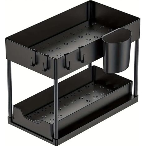 Étagère sous évier à 2 niveaux avec tiroirs et crochets - Rangement de cuisine - 39,5 × 21,5 × 26 cm - Extensible - Convient pour la salle de bain, le plan de travail et la buanderie - Rangement multi (1/5)