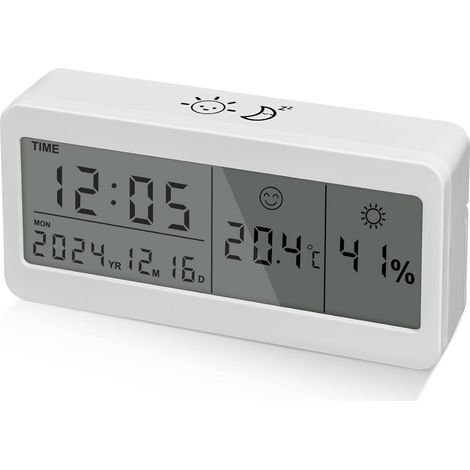 Lntyq Réveil Numérique, Reveil Matin a Piles avec Grand écran LCD, Reveil Digital pour Voyage Chambre Bureau, Horloge Numérique avec Date, Température, Humidité, Snooze, Rétroéclairage (Blanc)