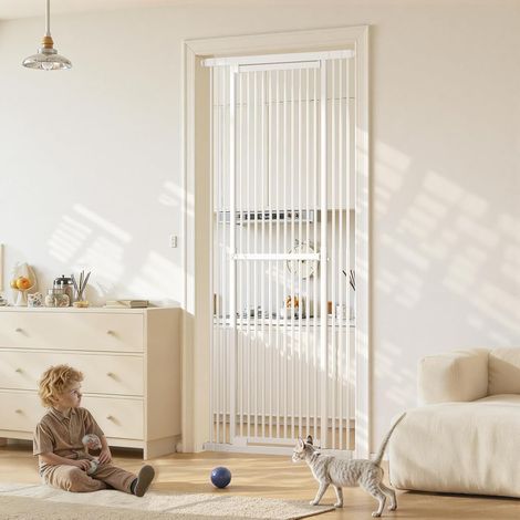 Barrière de Sécurité Animaux Extra-Haute 130-220 cm,Largeur Réglable 70-94 cm,Barrière Sécurité Escalier pour Chat Chien Enfant par Pression sans Vis ni Perçage,Double Verrouillage-Blanc (1/5)