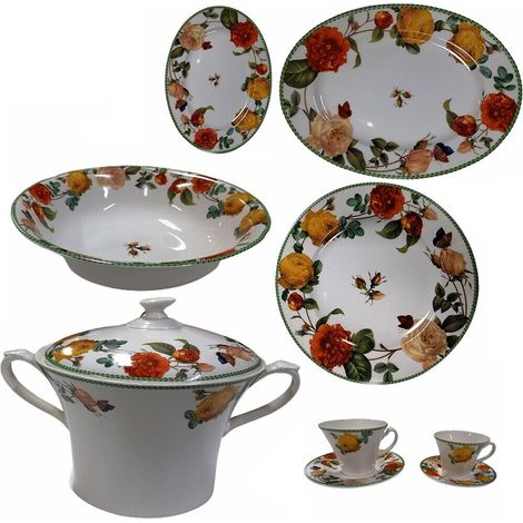 Servizio di piatti porcellana bianca fiore rosso rosa giallo tazzine tè caffè caffettiera teiera lattiera zuccheriera zuppiera - Set tavola porcellana: Set 12 piatti per 4 post. tavola (1/5)