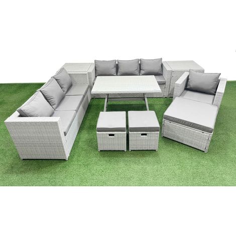 Fimous Outdoor Rattan Garden Furniture Dining Set 10-seater Patio Rectangular Table 3 Seater Sofa Armchair Set with 2 Side Tables 3 Stools (1/4)