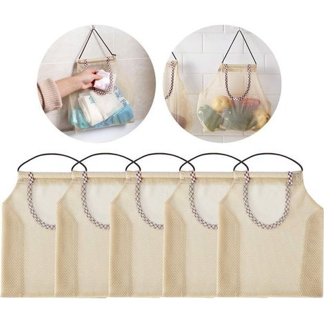 Sacs de rangement suspendus en filet respirant Lot de 5 pour pommes de terre, oignons, ail et légumes, idéal cuisine (1/5)