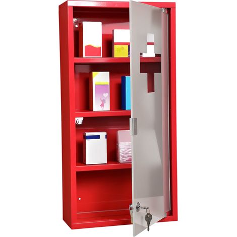 Armoire à Pharmacie 3 étagères 4 Niveaux verrouillable Porte Verre trempé dépoli Logo Croix 30L x 12l x 60H cm Acier Rouge (1/5)