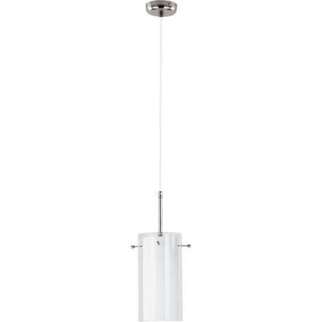 Alfa BOLT White Pendant Ceiling Lamp with Cylindrical Glass Shade, Chrome Accents, 1x E27 Socket, Max 15W, Dimmable Compatible, Modern Hanging Light for Living Room