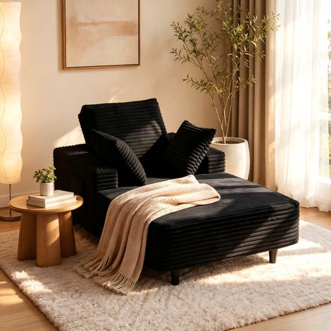 Canapé-lit 1 place convertible en velours côtelé – Avec accoudoirs, coussins et pieds de soutien stables – Sans montage – 160x105 cm – Design élégant – Noir (1/5)