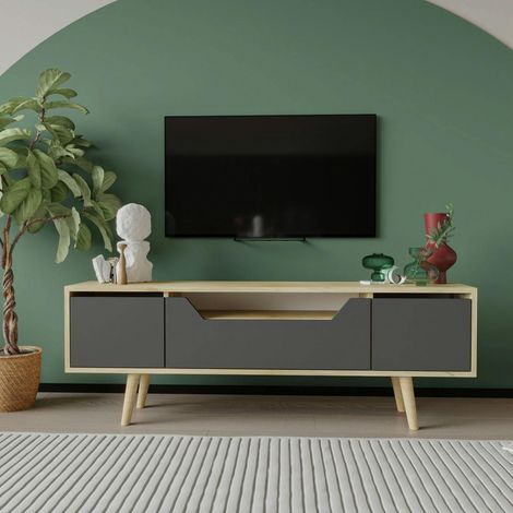 Meuble TV moderne 3 portes grises cadre clair 150 cm MARFA (1/5)