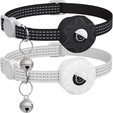 AirTag Holder - Silicone Pet Collar Tag Mount - Reflective Cord - Built-in Bell - Fits 15-25 mm Straps - IPX6 Waterproof - Black White Set of 3 (1/5)