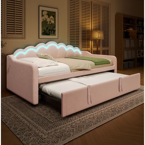 Letto estraibile 90x200 cm in velluto rosa, salvaspazio per camera, senza materasso FloraGrace (1/5)