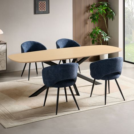 Ensemble table 200 cm effet chêne + 4 chaises tissu bouclette bleu (1/5)