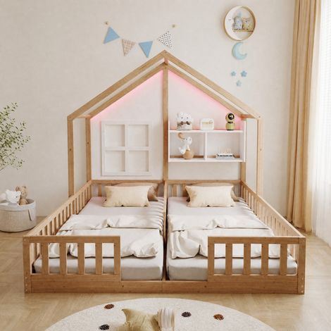 Letto doppio bambini 204x188x161 cm in legno naturale con LED, senza materassi – MEUBLIV (1/5)
