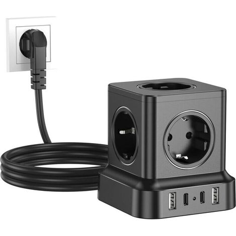 Multiprise cubique avec ports USB, 5 prises (2 USB-C + 2 USB-A), cordon de 1,8 mètre. (1/5)