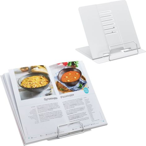 Relaxdays Atril para Libros, Set 2, Soporte Recetas, Ajustable 6 Niveles, Sujetalibros con Pinza, Cocina, Acero, Blanco (1/5)