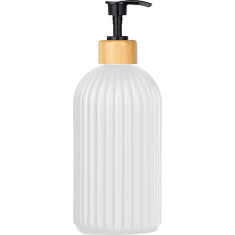 Flacon distributeur de savon noir mat pour douche, rechargeable, pour shampoing, après-shampoing et gel douche, avec étiquette en bois. (1/5)
