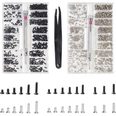 Lot de 1000 petites vis M1.2 M1.4 M2 - 18 tailles - Vis PC - Avec tournevis, pince, mini vis pour montres, lunettes, ordinateur (1/5)