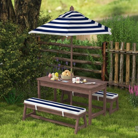 Kinder-Gartenmöbelset mit Kissen und abnehmbarem Sonnenschirm, marineblau-weiß gestreift (1/5)