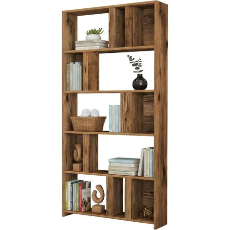 Libreria Karl, Biblioteca 5 Ripiani, Installazione a Muro, Sfumatura Colore Struttura Noce, 90x20x180h cm Marrone Noce