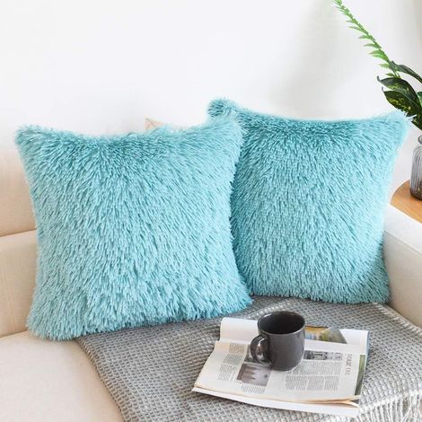 Lot de 2 Housse de Coussin Fourrure Moelleux Doux en Peluche Coussins Carré Décoratif pour Salon Canapé Chambre Voiture 40x40 cm Bleu Clair