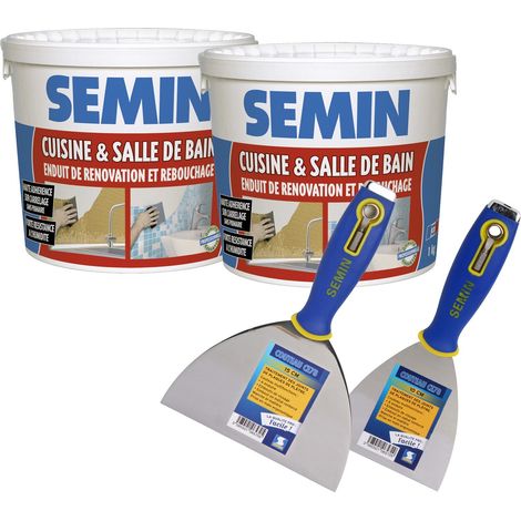 Lot de 2 enduits de rebouchage et rénovation spécial cuisine et salle de bain Semin - seau de 1 kg, un couteau à enduire CE 78 - 10 cm et un couteau à enduire multifonctions CE 78 - 15 cm (1/5)