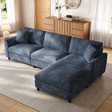 Divano Angolare 3 Posti con Chaise Longue Reversibile, Seduta a Molle Insacchettate e Braccioli Curvi, Ciniglia Blu (1/5)