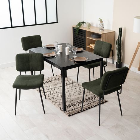 MEUBLES COSY Un ensemble de salle à manger et chaises cinq pièces, comprenant une table à manger extensible et quatre chaises de salle à manger en microfibre verte. (1/5)