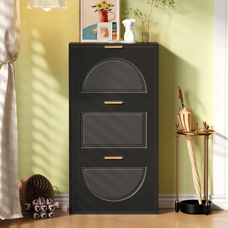 Scarpiera slim, 60x24x114 cm, mobile contenitore da ingresso con 3 ante a ribalta, in MDF dal design moderno, nero (1/5)