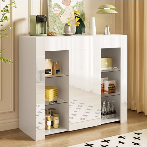 Buffet 95x35x83 cm weiß aus Spanplatte mit Hochglanz-Front, Glasregalen und Stauraum (1/5)