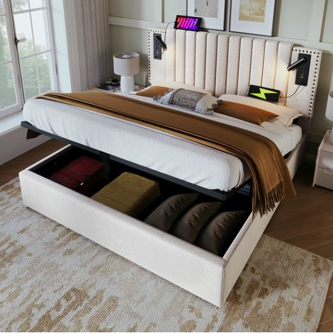 Lit rembourré 180x200 cm beige, tête de lit réglable avec liseuse et USB, lit coffre avec sommier à lattes (1/5)