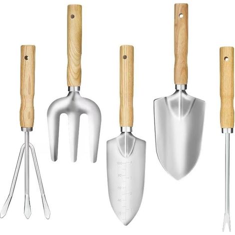 Set di 5 attrezzi da giardino – Attrezzi manuali in acciaio inossidabile con manici in legno – Perfetti per scavare, piantare e trapiantare (1/5)