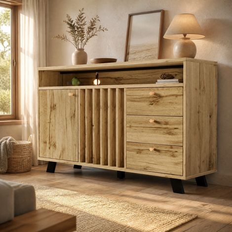 Aufbewahrungsbuffet mit 3 Schubladen, 2 Türen und offenem Fach, 120 x 40 x 85 cm, dunkle Eiche (1/5)