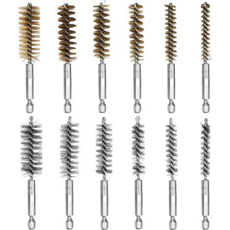 Lot de 12 brosses métalliques pour perceuse : 6 brosses en acier inoxydable et 6 brosses en cuivre, brosse cylindrique ronde avec tige hexagonale, brosse perforée pour polissage et dérouillage (1/5)