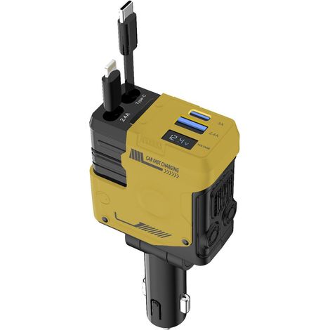 Car charger, super fast charging, flash charging, retractable cable, 4-in-1 design with armor-like trim, windscreen, and display – English packaging. (1/4)